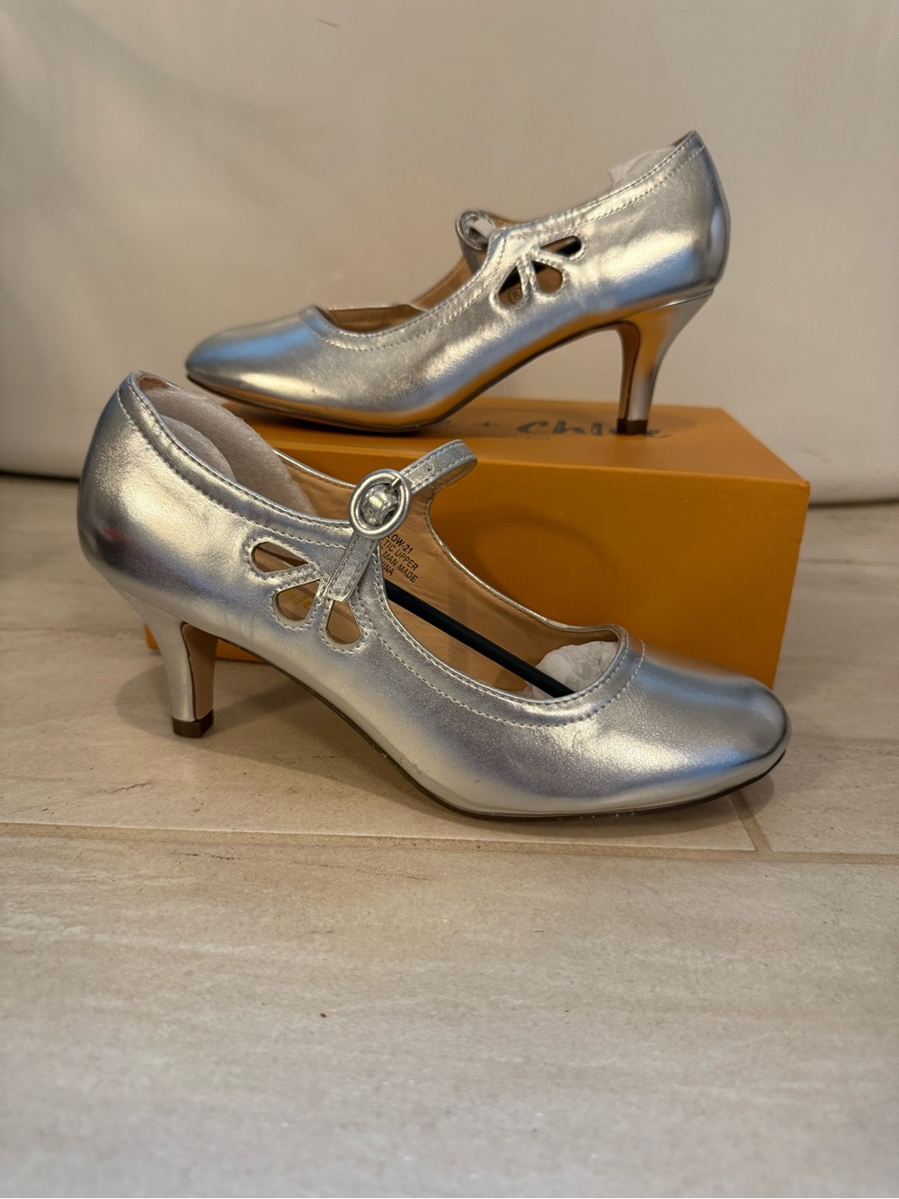 Chase + Chloe Silver Mary Jane Heels with Cutout Detail